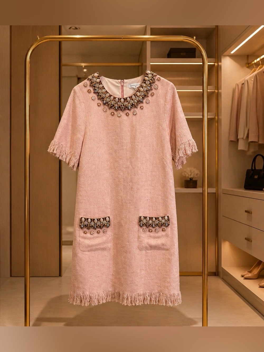 Andrew Gn Beaded Collar Pink Fringe Shift Dress